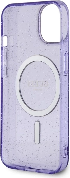 Mbështjellës Guess Glitter Gold MagSafe për iPhone 14, Violet