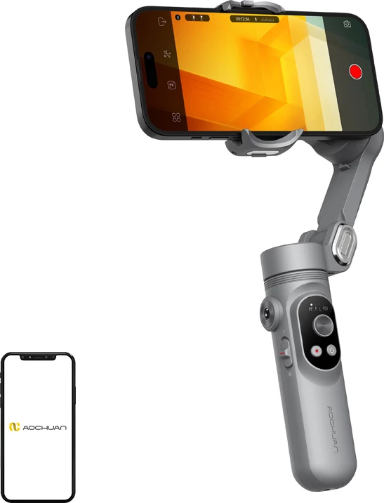 Gimbal AOCHUAN Smart X 3-aks, 2550mAh, me dritë të integrume, me tripod, Gri