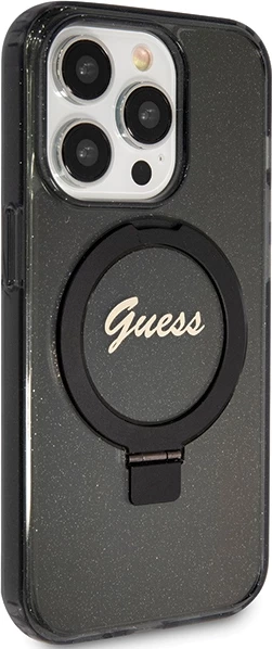 Mbështjellës Guess Ring Stand Script Glitter MagSafe për iPhone 15 Pro Max, i zi