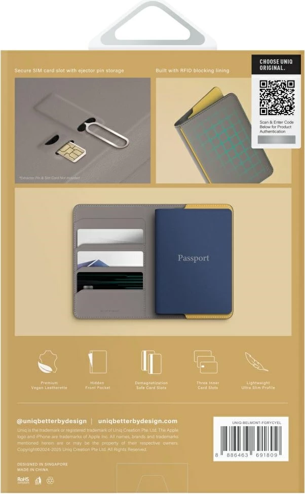 Mbështjellës pasaporte UNIQ Belmont, RFID blocking, Gri/Verë