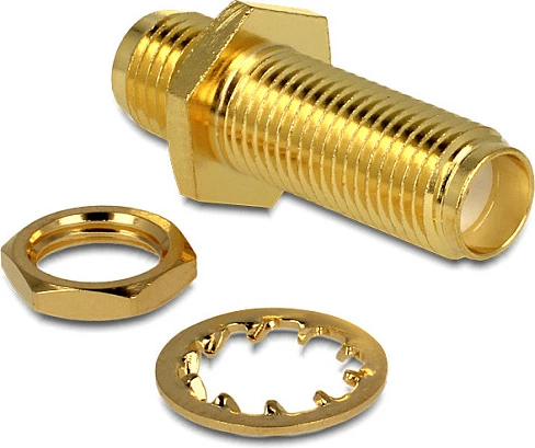 Adapter RF SMA femër-femër DeLOCK, për montim në panel, i artë