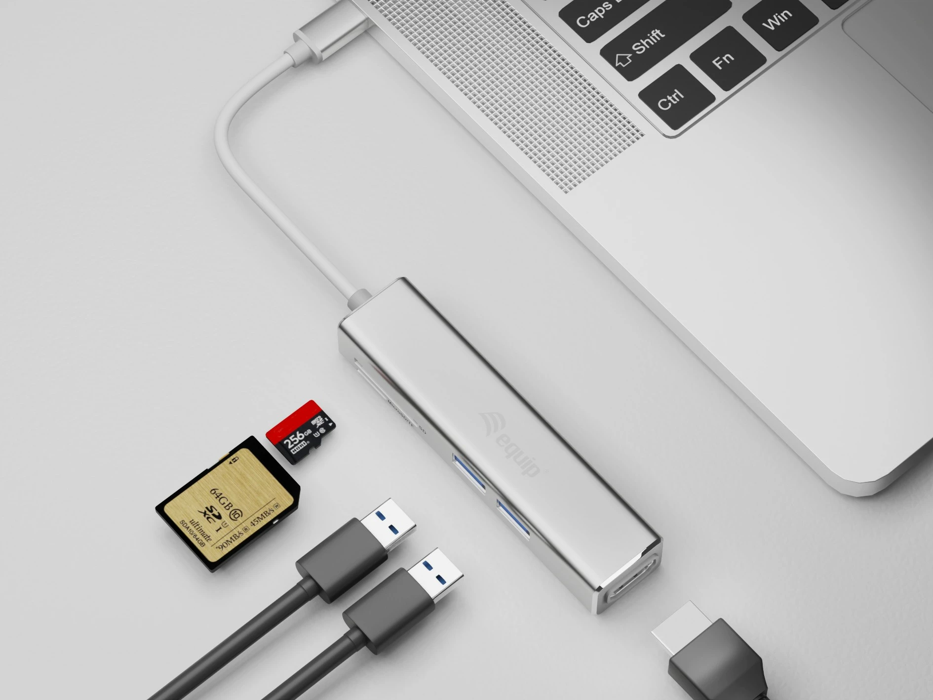 Adapter USB-C 5-n-1 Equip, HDMI 4K, 2x USB 3.2, Lexues kartelash, argjendtë