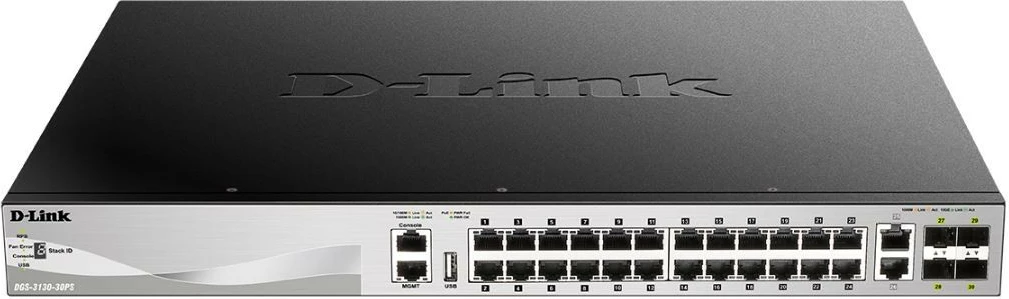 Switch, D-Link DGS-3130-30PS/E, 24x Gigabit PoE, 4x SFP+ 10Gb, 2x 10Gb, L2/L3, rack