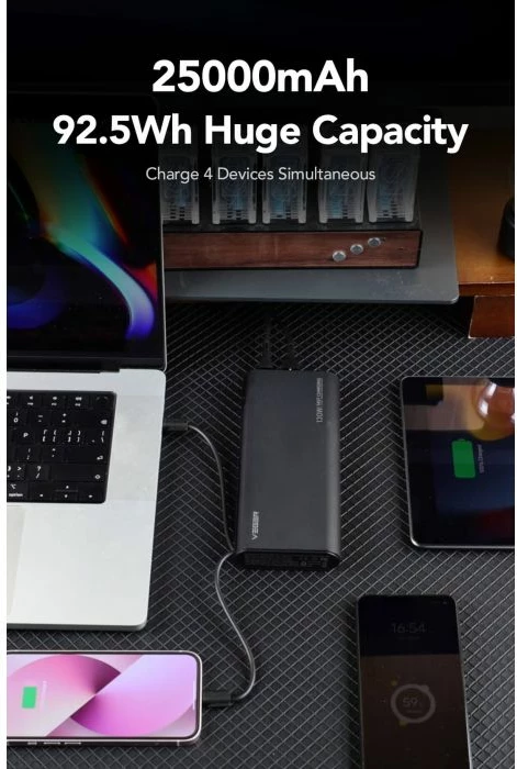 Powerbank VEGER TC130 25000mAh 130W me kabllo USB-C/Lightning, me ekran LCD, e zezë