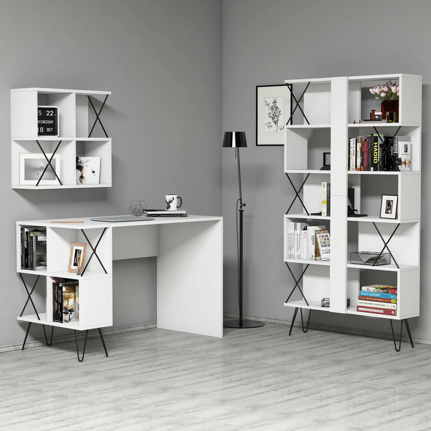 Set tavoline pune me raft librash Hanah Home, Extra 2, e bardhë, e zezë