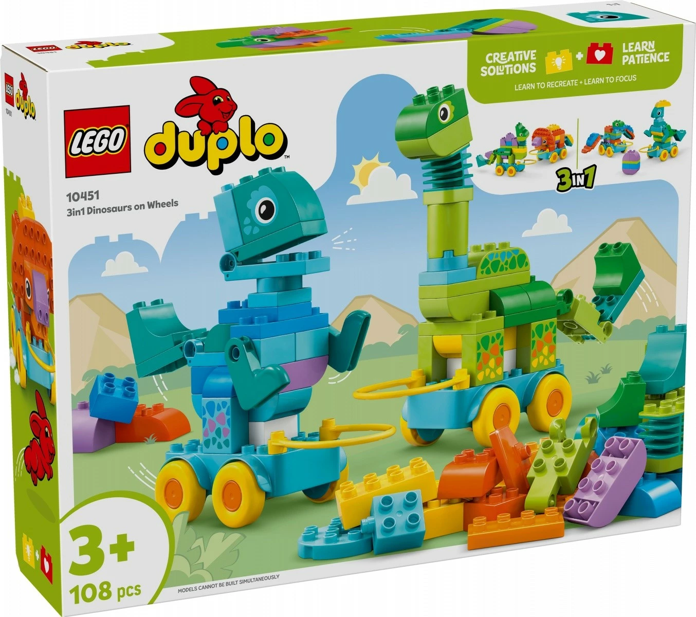 Set lodrash LEGO DUPLO 3-në-1 Dinosaurë me rrota, 108 pjesë, për fëmijë, shumëngjyrësh