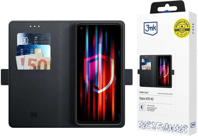 Mbështjellës portofol, 3mk Protection, për Oppo A78 4G, me magnet, 3 xhepa, funksion stand, i zi
