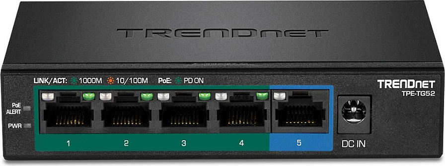 Switch TRENDnet TPE-TG52, 5-Port Gigabit PoE+ 32W, pa fan, i montueshëm në mur, i zi