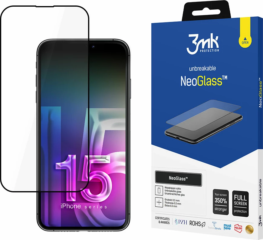 Mbrojtës ekrani, 3mk Protection NeoGlass, për Apple iPhone 15 Plus, 8H, mbulim full screen, forcim deri 350%, e zezë, me aksesorë montimi