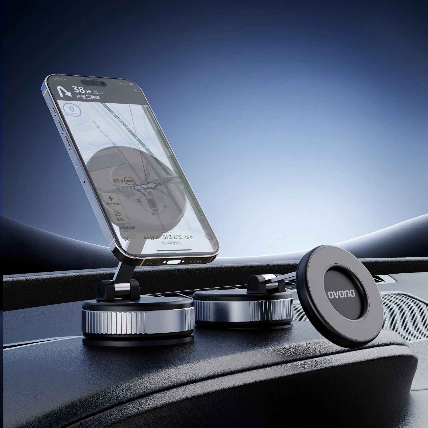 Mbajtës magnetik për celular Dudao F24PRO MagSafe, me kupë thithëse për xham të përparmë ose panel, rrotullim 360°, i zi