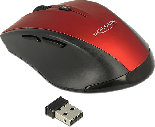 Maus wireless DeLOCK 12493, optik 1600 DPI, 2.4 GHz, për dorë të djathtë, zi/kuqe