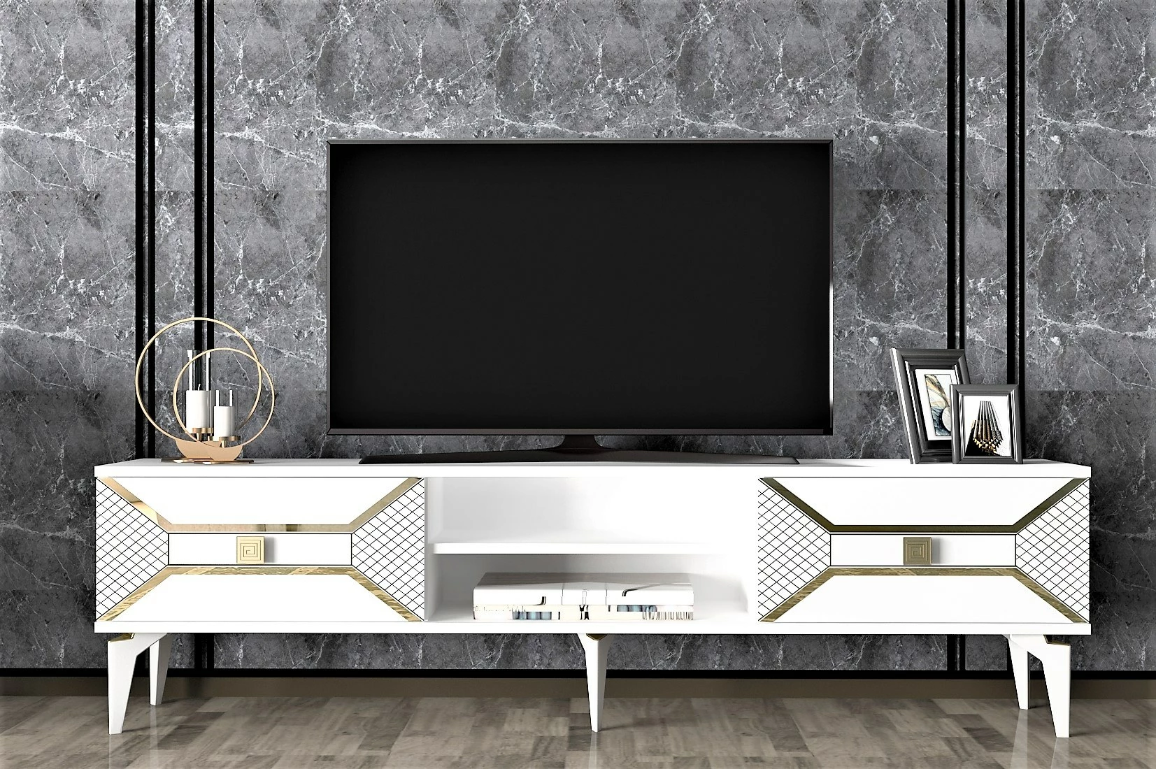 Komodë TV Hanah Home, Yumedi, e bardhë, ari