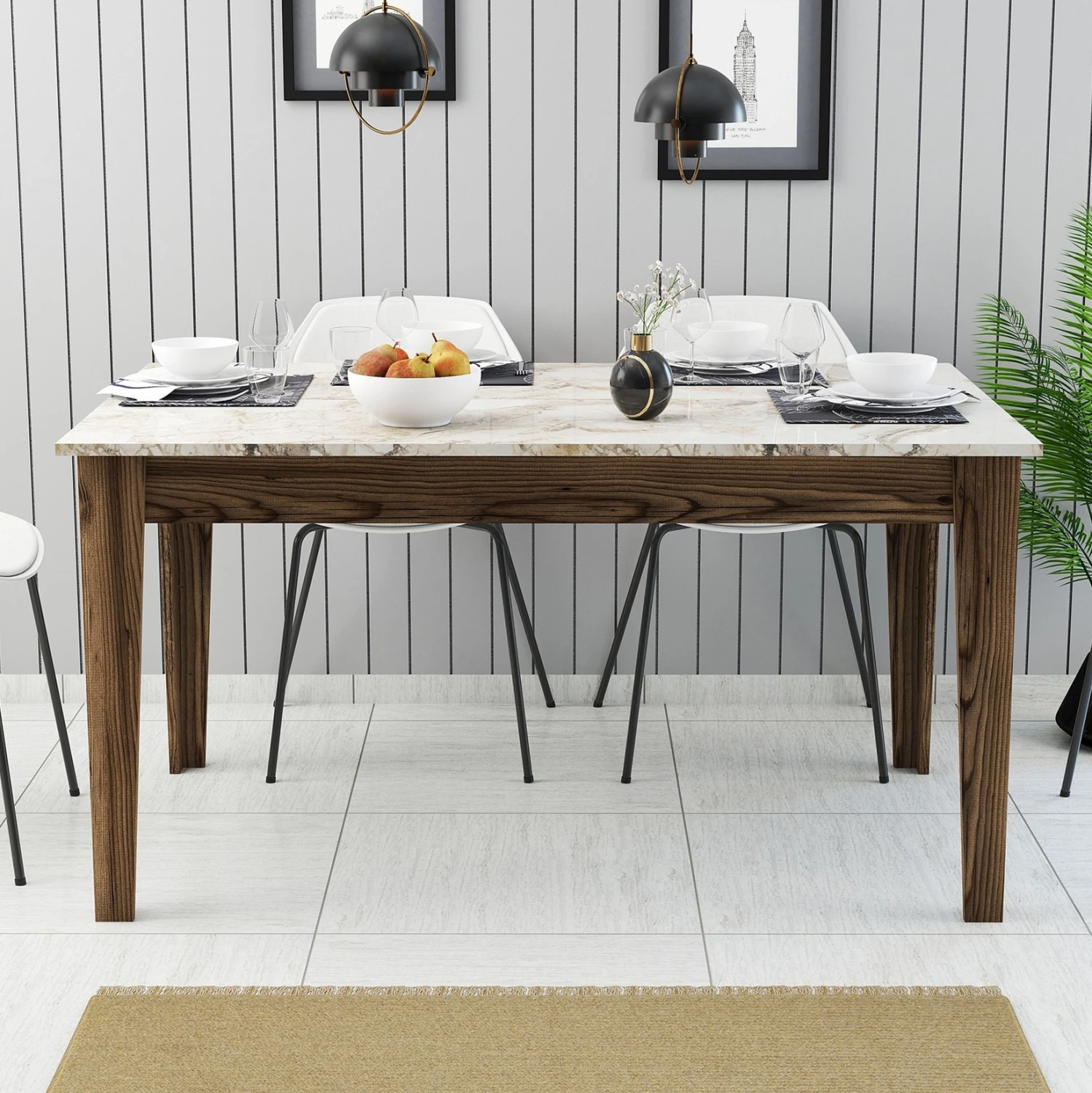 Tavolinë ngrënieje standarde, pamje mermeri të bardhë, me hapësirë ruajtjeje, FH9507.03, 145x88x75H cm