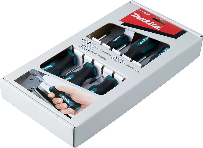 Set kaçavidash Makita E-10528, 6 copë, dorezë ergonomike me gome, zi/kaltër