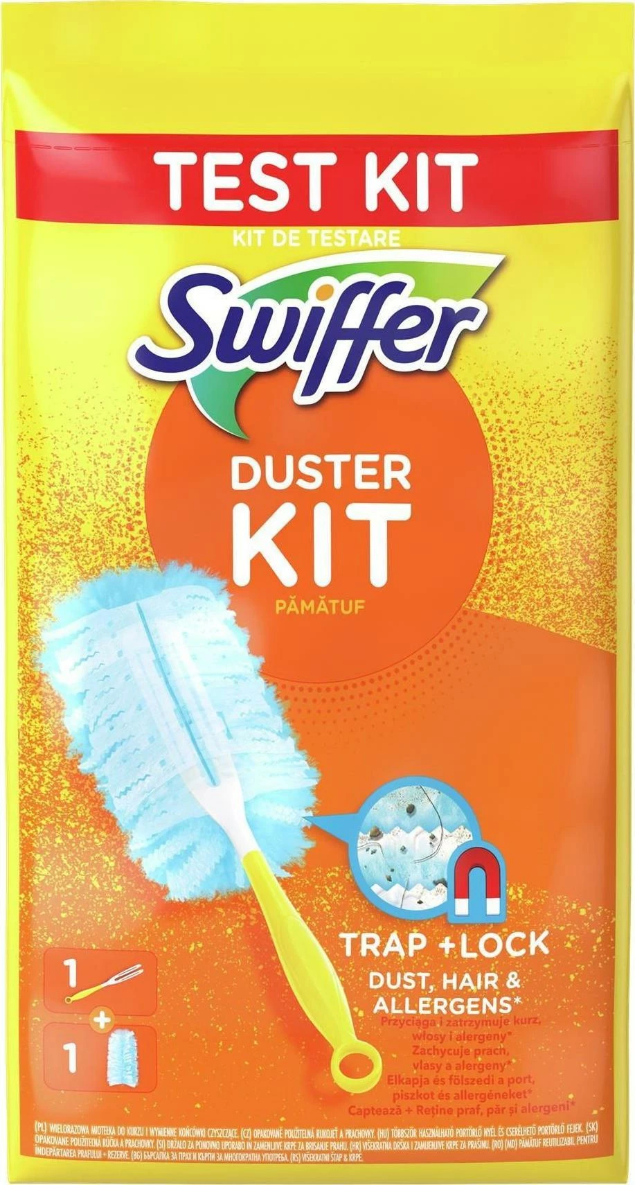 Set furçë pluhuri Swiffer Duster Kit me dorezë + 1 mbushje, bardhë/kaltër