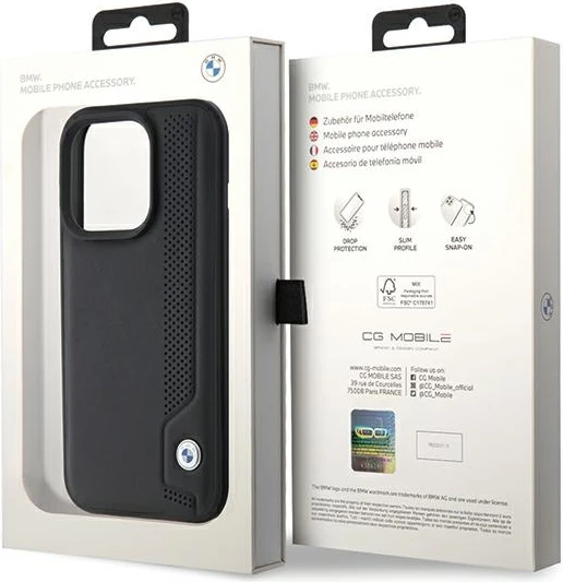 Mbështjellës BMW Leather Blue Dots për iPhone 15 Pro Max, i zi