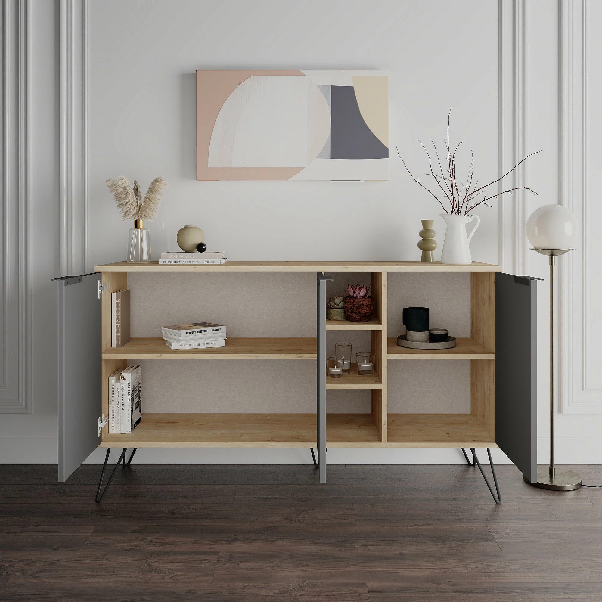 Konsolë moderne, ngjyrë lis dhe antracit, Skye Decor, Clara