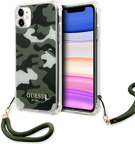 Mbështjellës Guess GUHCN61KSARKA për iPhone 11/XR, Camo, Jeshil