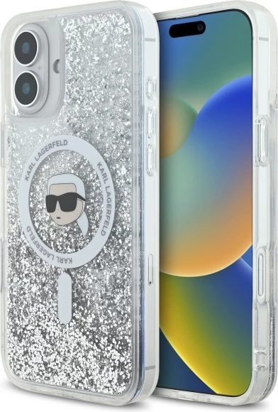 Mbështjellës Karl Lagerfeld Liquid Glitter Karl Head MagSafe për iPhone 16, Transparent
