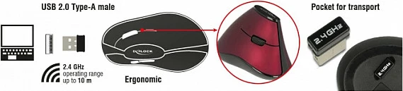 Maus vertikal pa kabllo DeLOCK 12528, 1000 DPI, nano USB receiver, për dorë të djathtë, zi/kuqe