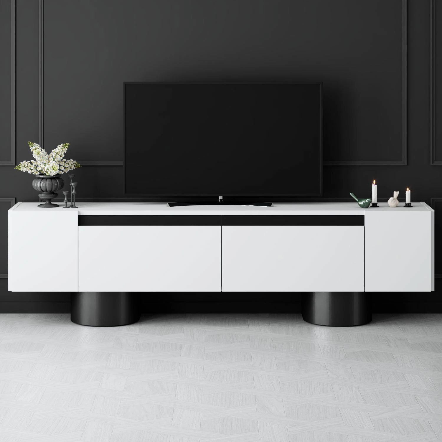 Komodë për TV Hanah Home, Bohem, e bardhë, e zezë
