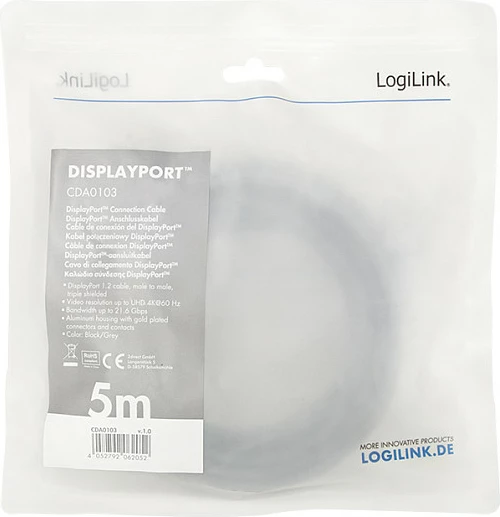 Kabllo DisplayPort LogiLink, DP në DP, 4K 60Hz, 5 m, alu, zi/hiri