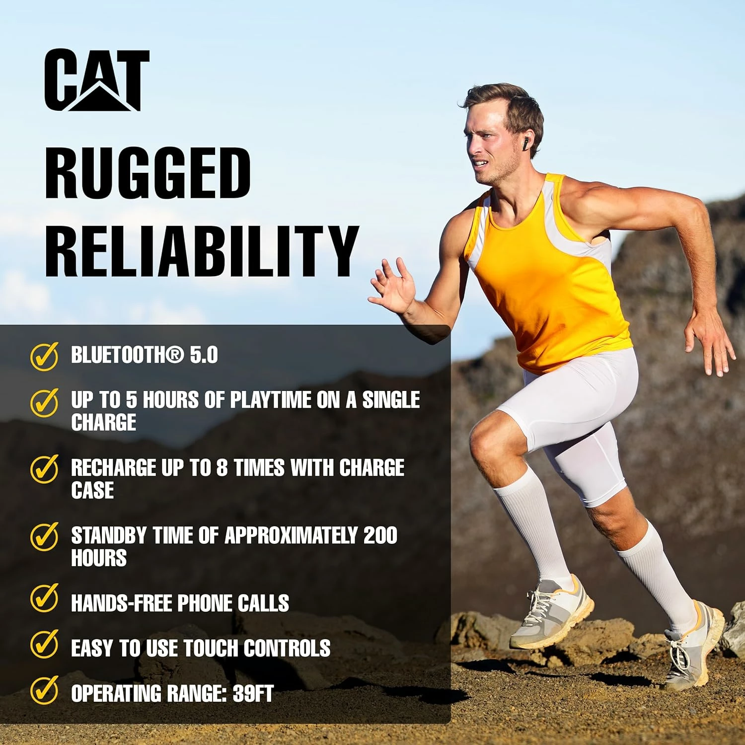 Kufje pa tela CAT CAT-BT-EARBUD, Bluetooth 5.0, IP55, 4-5 orë playback, touch control, me kuti karikimi, e zezë, set me kabllo USB-C dhe karabinier