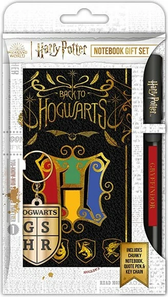 Set dhuratë fletore + stilolaps BLUE SKY Harry Potter Hogwarts Crest 16 x 9 cm, me zinxhir çelësash, i zi/ari