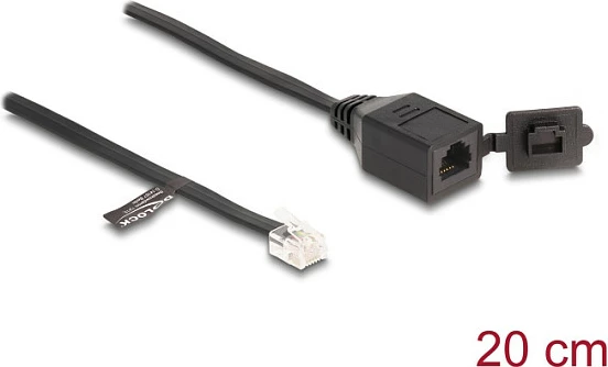 Kabllo RJ12 DeLOCK, male në female, 0.2 m, flat, e zezë