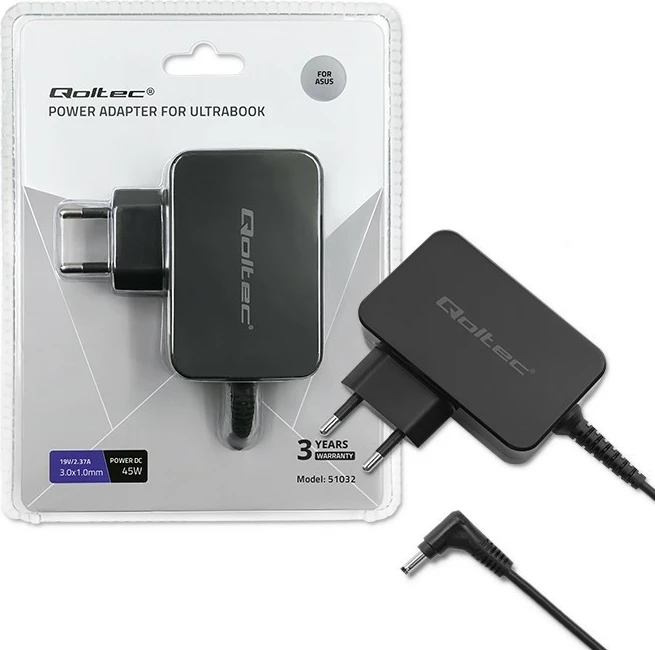 Adapter për ultrabook Qoltec 51032, 45W, 19V, 2.37A, 3.0x1.0, i zi