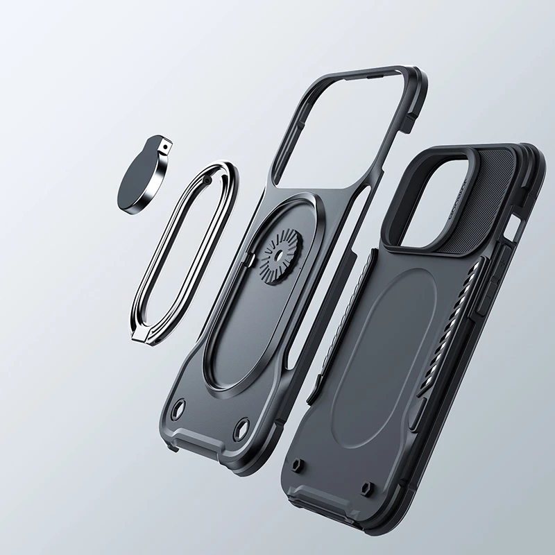 Mbështjellës Joyroom Dual Hinge për iPhone 14, me mbajtëse dhe ring holder, zi