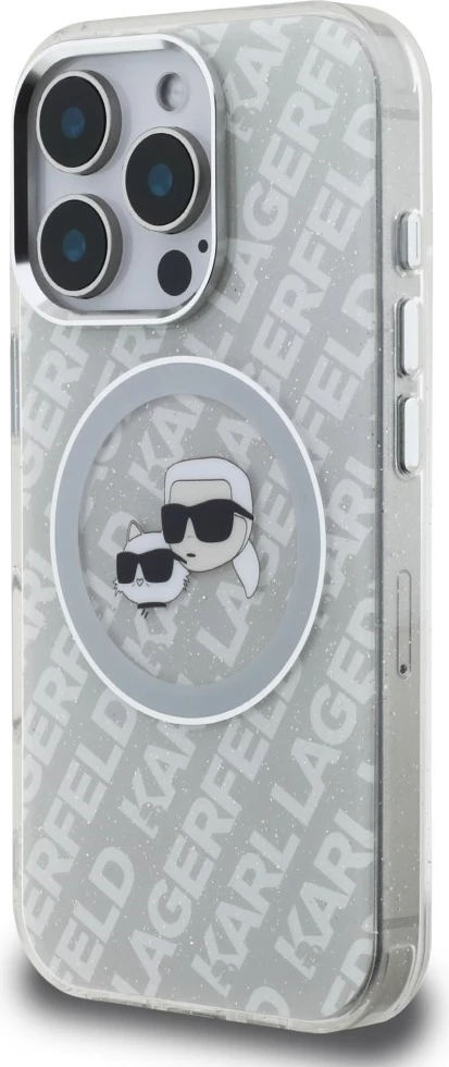 Mbështjellës Karl Lagerfeld IML Glitter Karl & Choupette Heads Logo MagSafe për iPhone 16 Pro, gri, me kuti