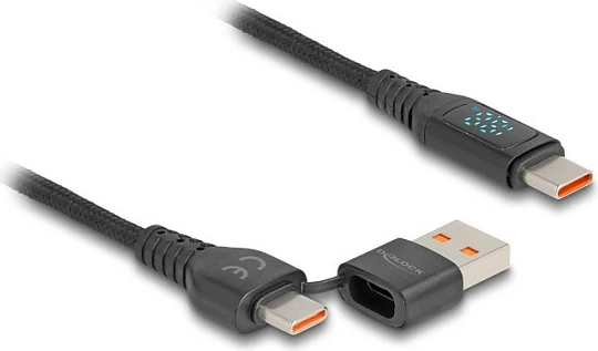 Kabll USB DeLOCK USB-A/USB-C në USB-C, PD 3.1 140W, 1.2m, me ekran, i zi