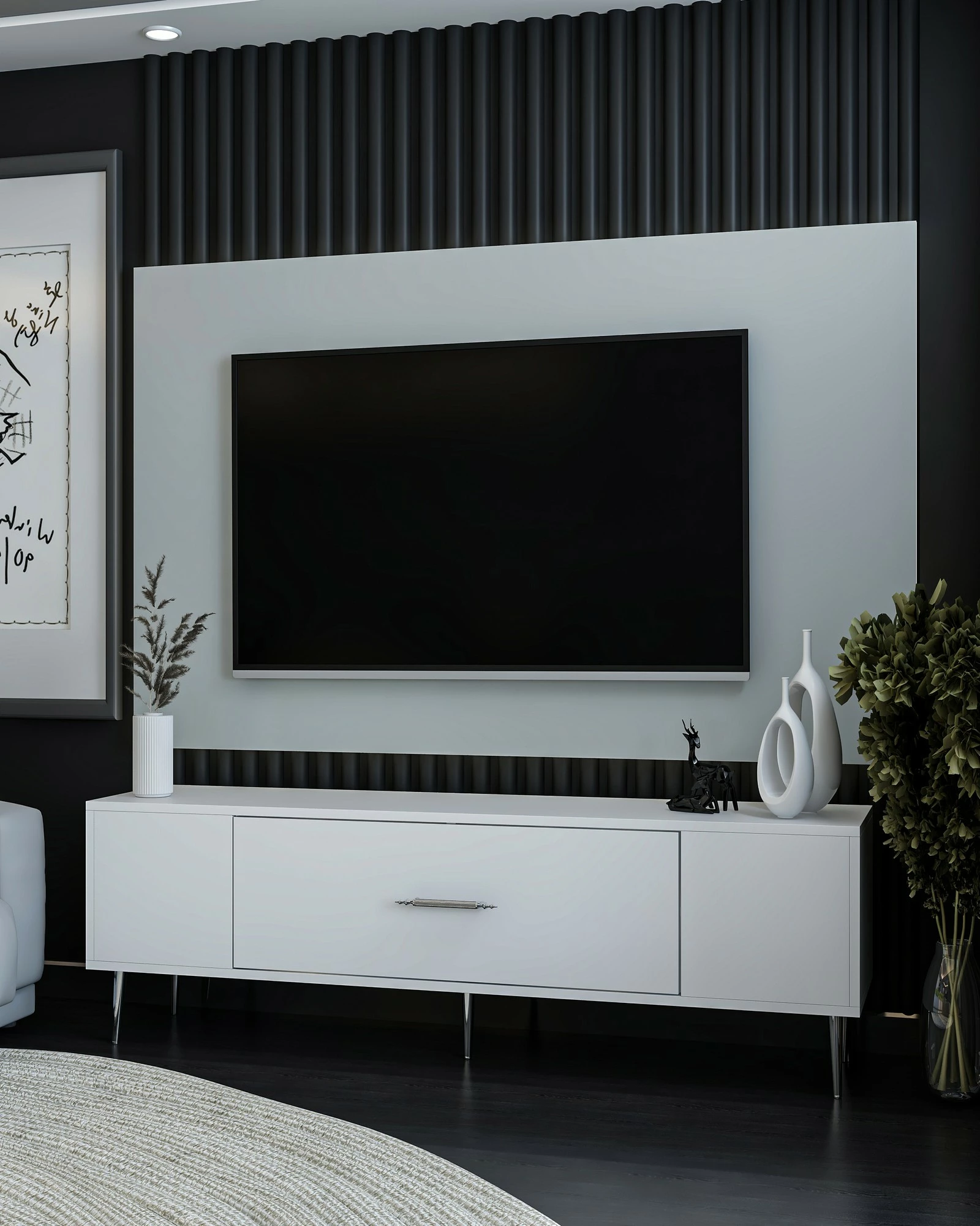 Komodë TV Skye Decor, e bardhë, argjend