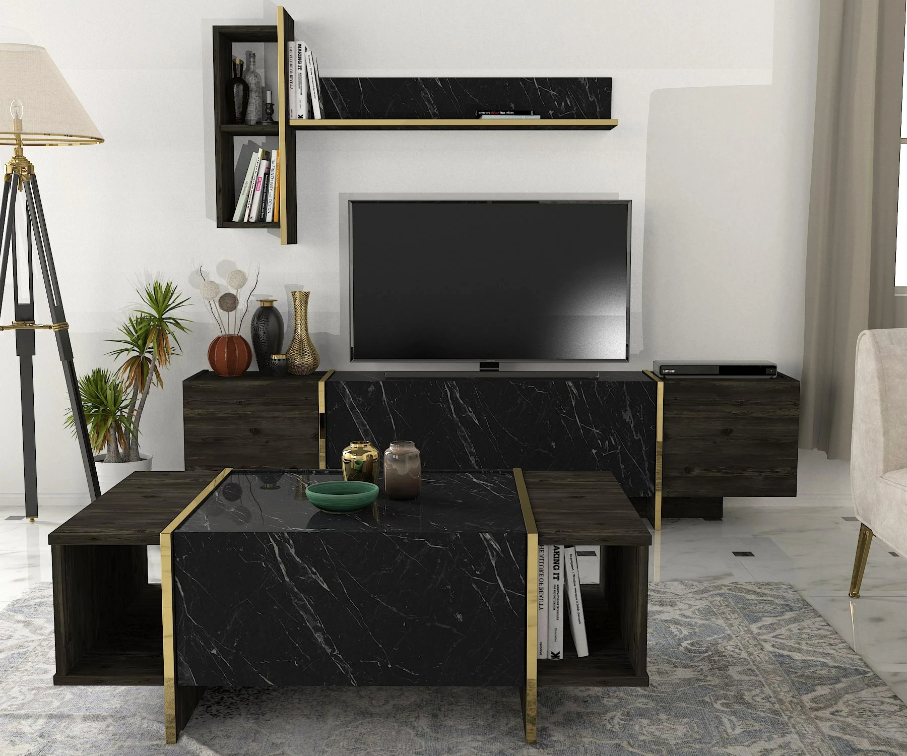 Set mobiljesh për dhomë dite, Skye Decor, Veyron Set 1, ngjyrë e zezë dhe ari
