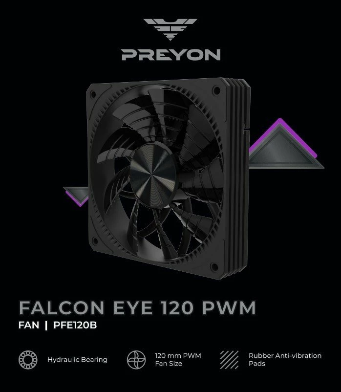 Ventilator ftohës PREYON Falcon Eye PFE1201B 120 mm PWM, i zi, 1 copë