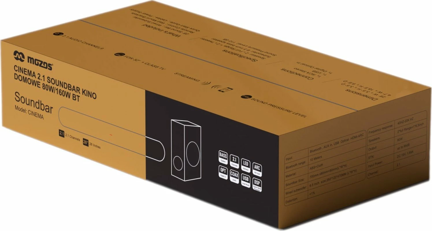 Soundbar Mozos Cinema 2.1 80W RMS/160W peak Bluetooth 5.0 HDMI ARC, e zezë, set me subwoofer + telekomandë