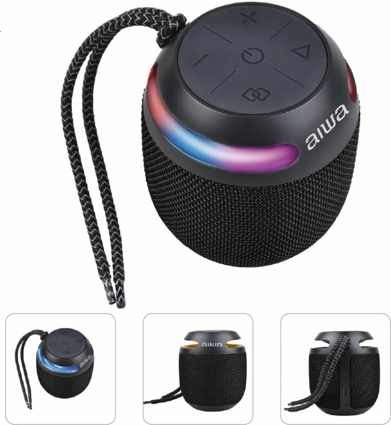 Altoparlant Bluetooth portativ Aiwa BST-100 5W, BT 5.0, IP66, RGB, bateri deri 8 orë, me mikrofon, i zi