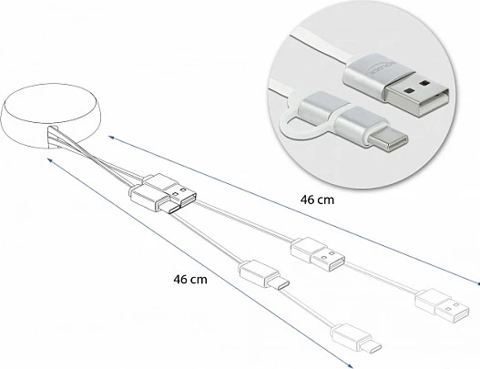 Kabllo USB DeLOCK retractable 2n1, USB-A në USB-C/Micro-USB, 0.92 m, USB 2.0, 2.1A, argjend/bardhë