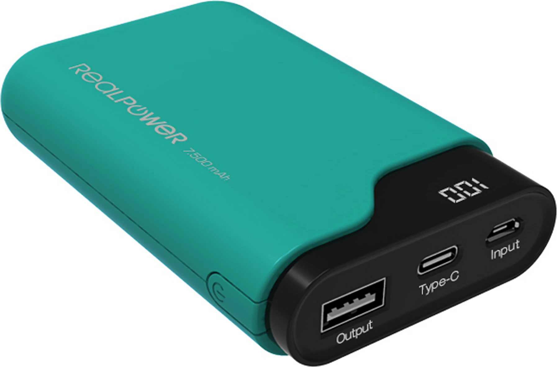Power bank RealPower PB-7500C, 7500 mAh, USB-A/USB-C, ekran digjital, zi/jeshile