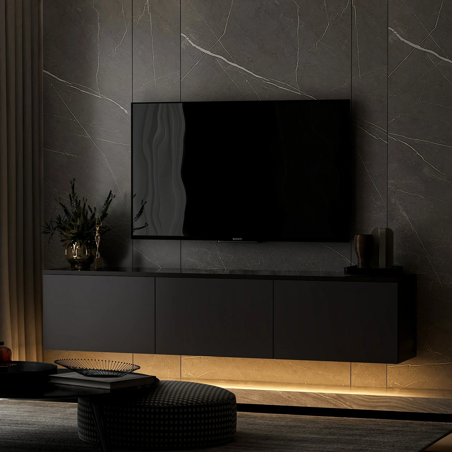 Komodë TV me ndriçim neon, ngjyrë antracit, Skye Decor