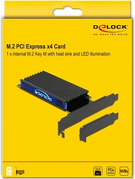 Kartë zgjerimi PCIe DeLOCK, adapter M.2 NVMe Key M me heatsink, Low Profile, PCIe 4.0, RGB, e zezë
