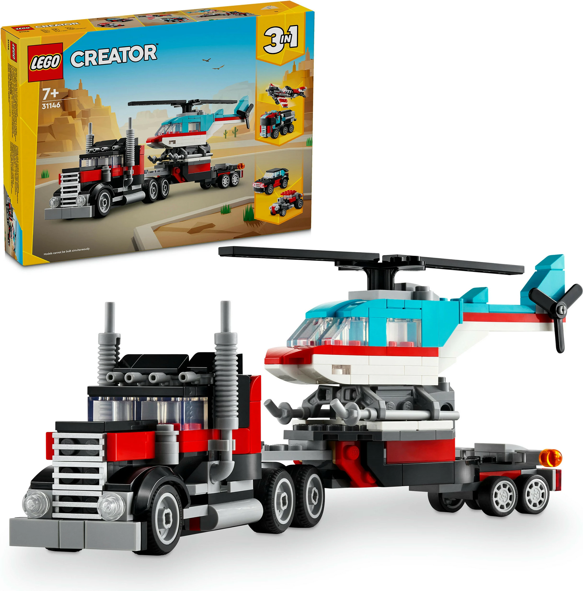 Set ndërtimi LEGO Creator 3in1, Kamion me platformë dhe Helikopter, 270 pjesë, Multingjyrësh