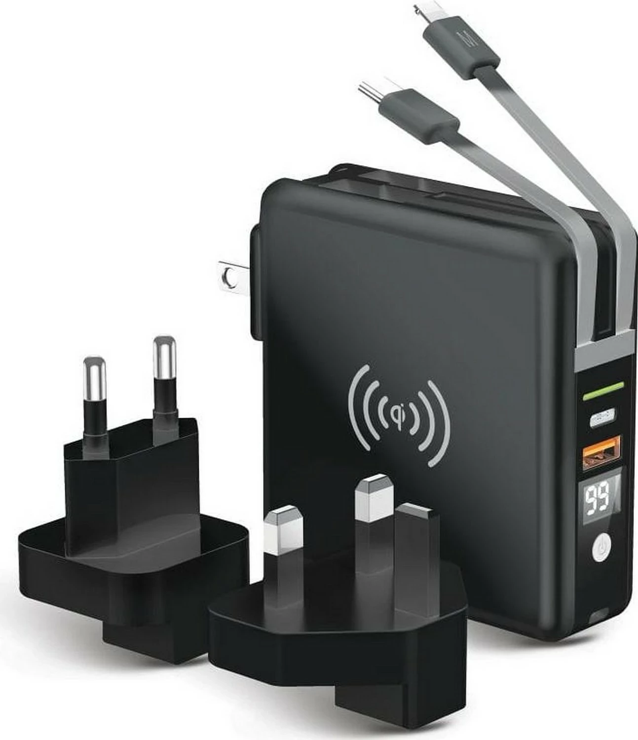 Karikues multifunksional Forcell F-ENERGY 5në1, 10000mAh, 20W PD, wireless 15W, me kabllo Type-C/Lightning, e zezë