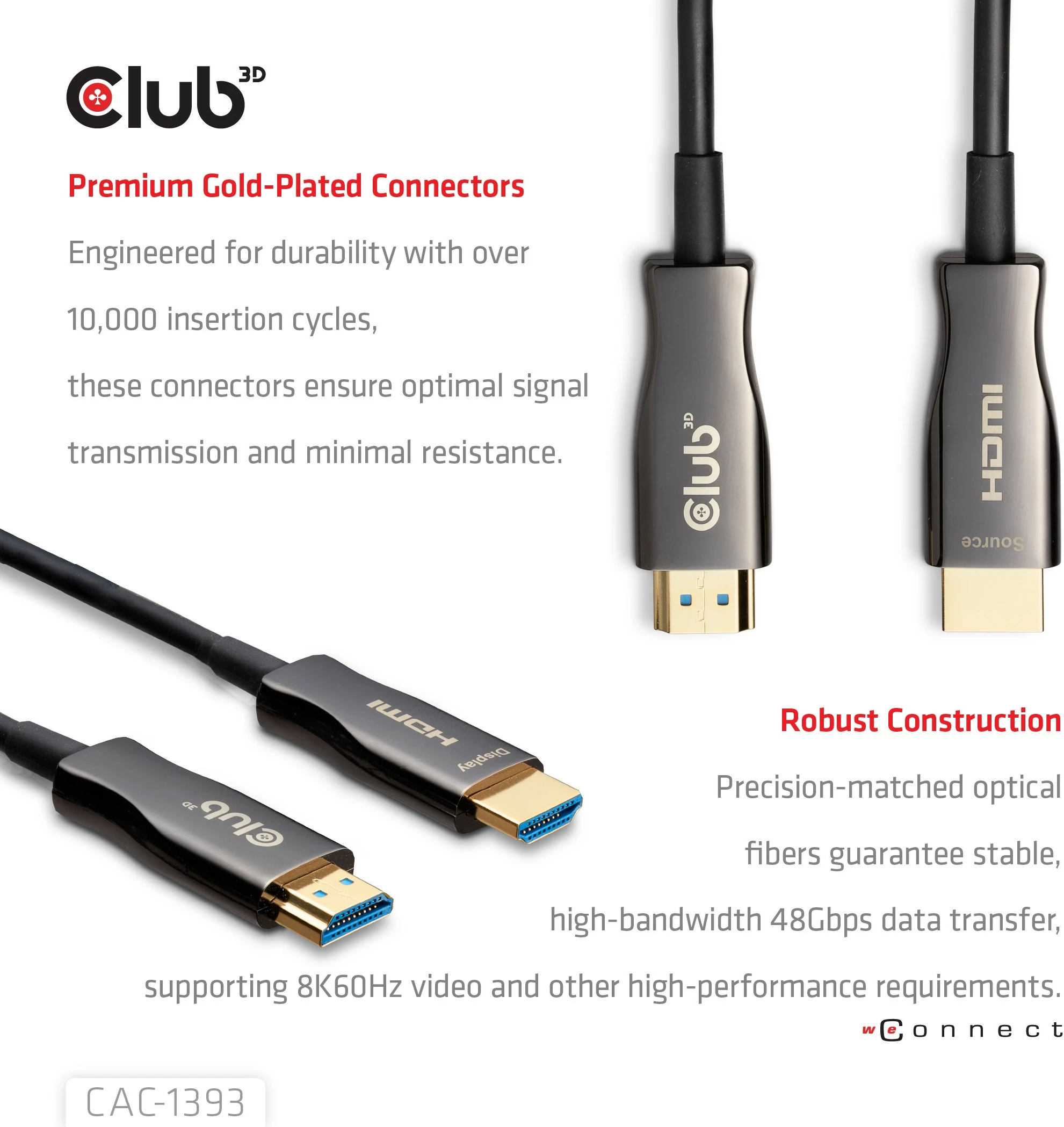Kabllo HDMI Club3D 2.1, 50m, aktiv optik, 8K60Hz, e zezë