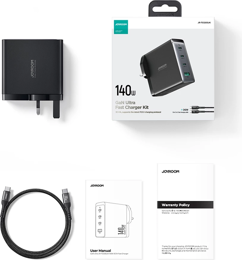 Karikues mur Joyroom JR-TCG05UK GaN, 140W, 3x USB-C, 1x USB-A, me kabllo USB-C/USB-C 240W 1.2m, i zi