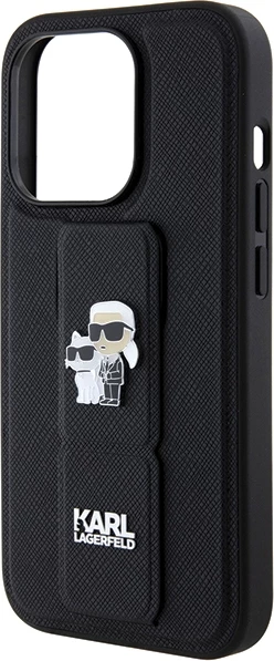 Mbështjellës Karl Lagerfeld Gripstand Saffiano Karl&Choupette Pins për iPhone 15 Pro, e zezë