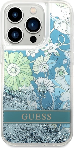 Mbështjellës Guess Flower Liquid Glitter për iPhone 14 Pro 6.1", Gjelbër