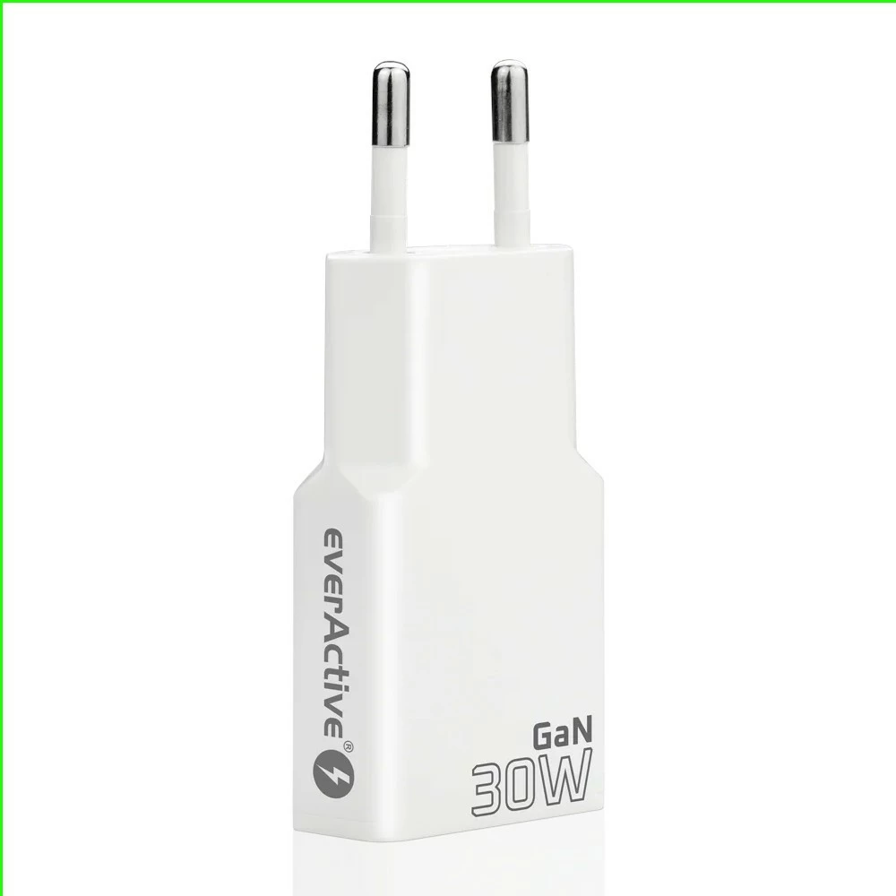 Adapter karikues muri, everActive, SC-385Q, GaN PD 30W, 2x USB-C, super slim, bardhë