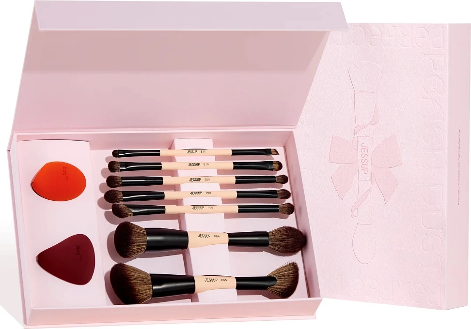 Set furça make-up dhe sfungjerë për femra JESSUP Peach Dust Perfection Beauty Kit T506, 9 copë